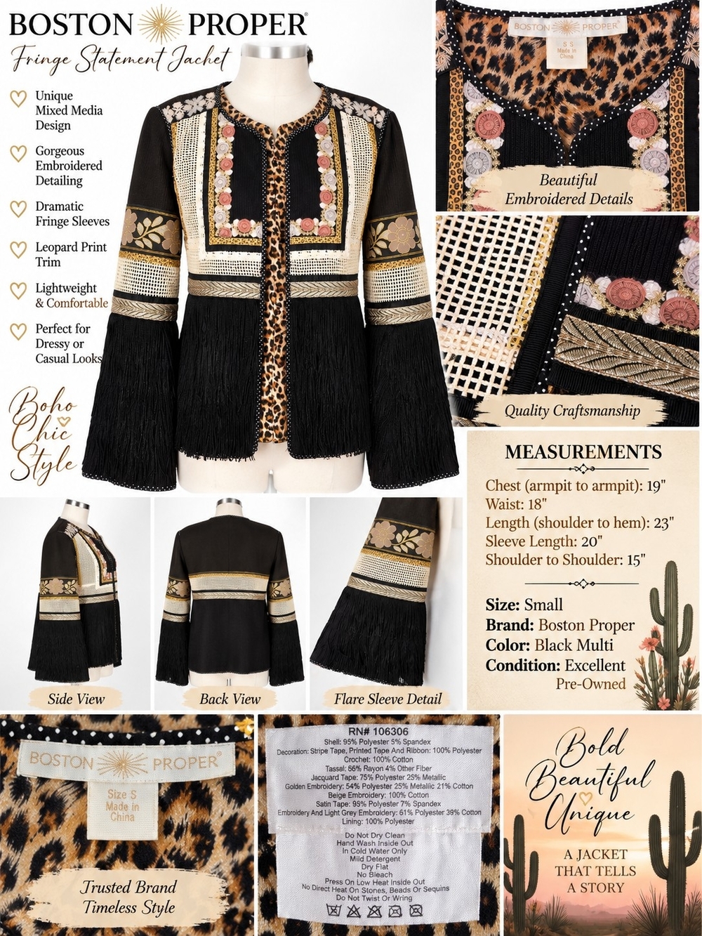 Boston Proper Black Multi Fringe Statement Jacket
